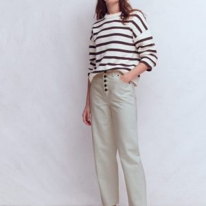 Exposed Button Straight Jeans-Ecru