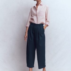 Pleat Barrel Leg Pants-Navy