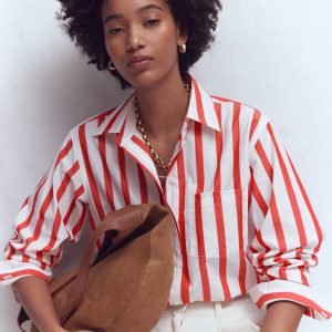 Sadie Relaxed Cotton Shirt-Ivory and Salsa Stripe