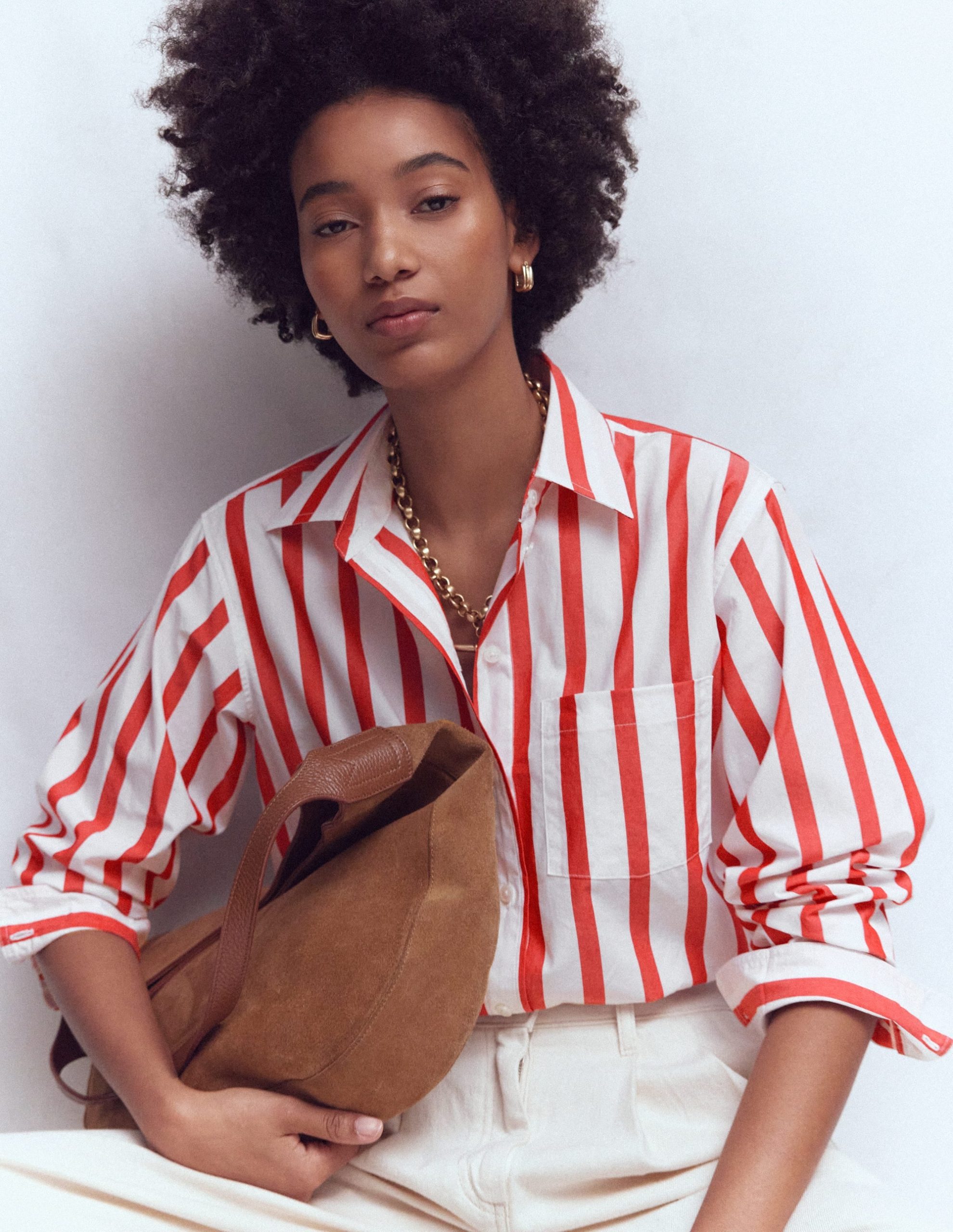 Sadie Relaxed Cotton Shirt-Ivory and Salsa Stripe