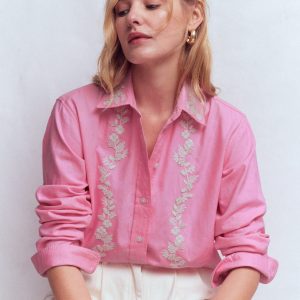 Sadie Relaxed Cotton Shirt-Pink Floral Beaded Oxford