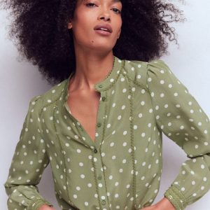 Rhea Trim Detail Silk Top-Larch Green. Painted Dot