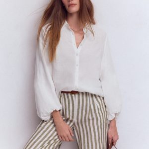 Puff Sleeve Linen Shirt-White