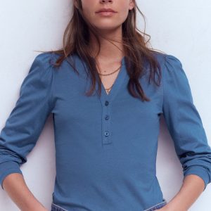 Supersoft Open Neck Henley-Denim Blue