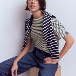 Sophie Puff Sleeve T-shirt-Navy and Ivory Stripe