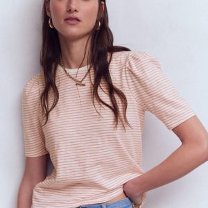 Sophie Puff Sleeve T-shirt-Formica Pink and Ivory Stripe