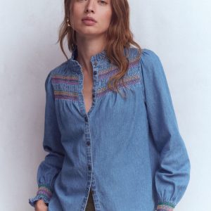 Esme Smocked Denim Frill Top-Light Authentic