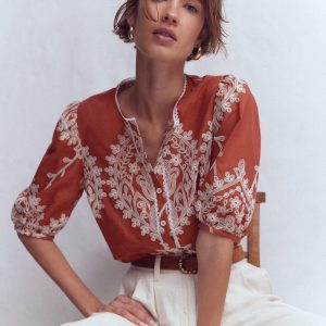 Leah Short Sleeve Interest Top-Red Floral Embroidery