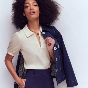 Short Sleeve Zip Collar Top-Ivory