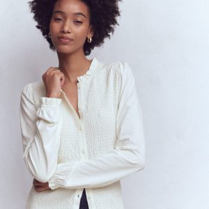 Supersoft Smocked button top-Ivory