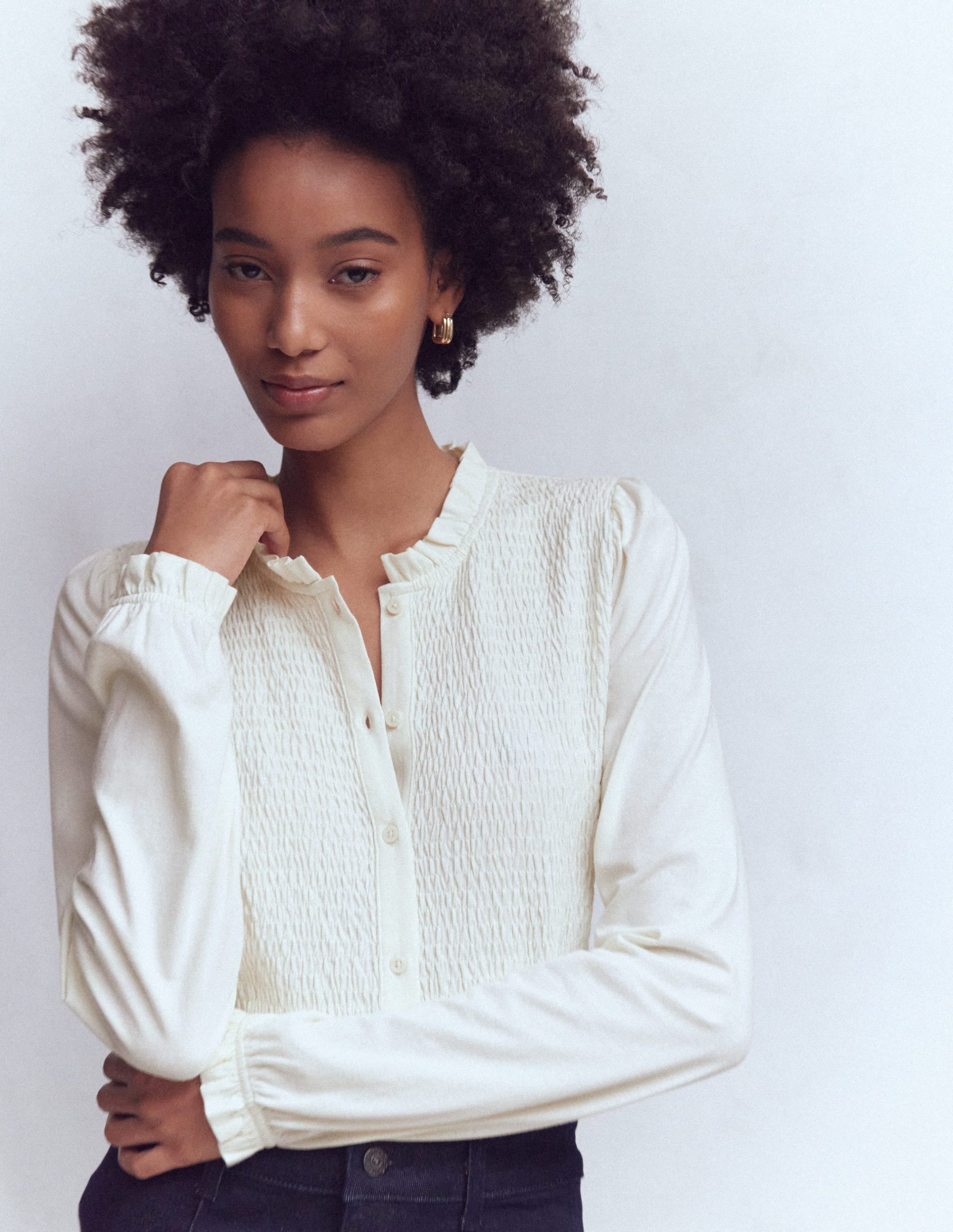 Supersoft Smocked button top-Ivory - Image 5