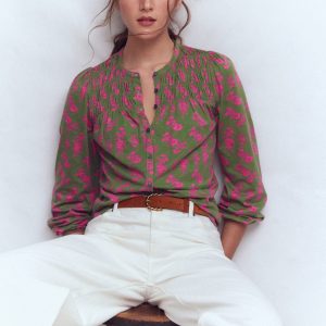 Mya Smocked Jersey Shirt-Blossomy Sprig