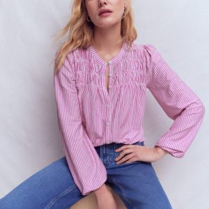 Mya Smocked Jersey Shirt-Clover Purple and Ivory Stripe