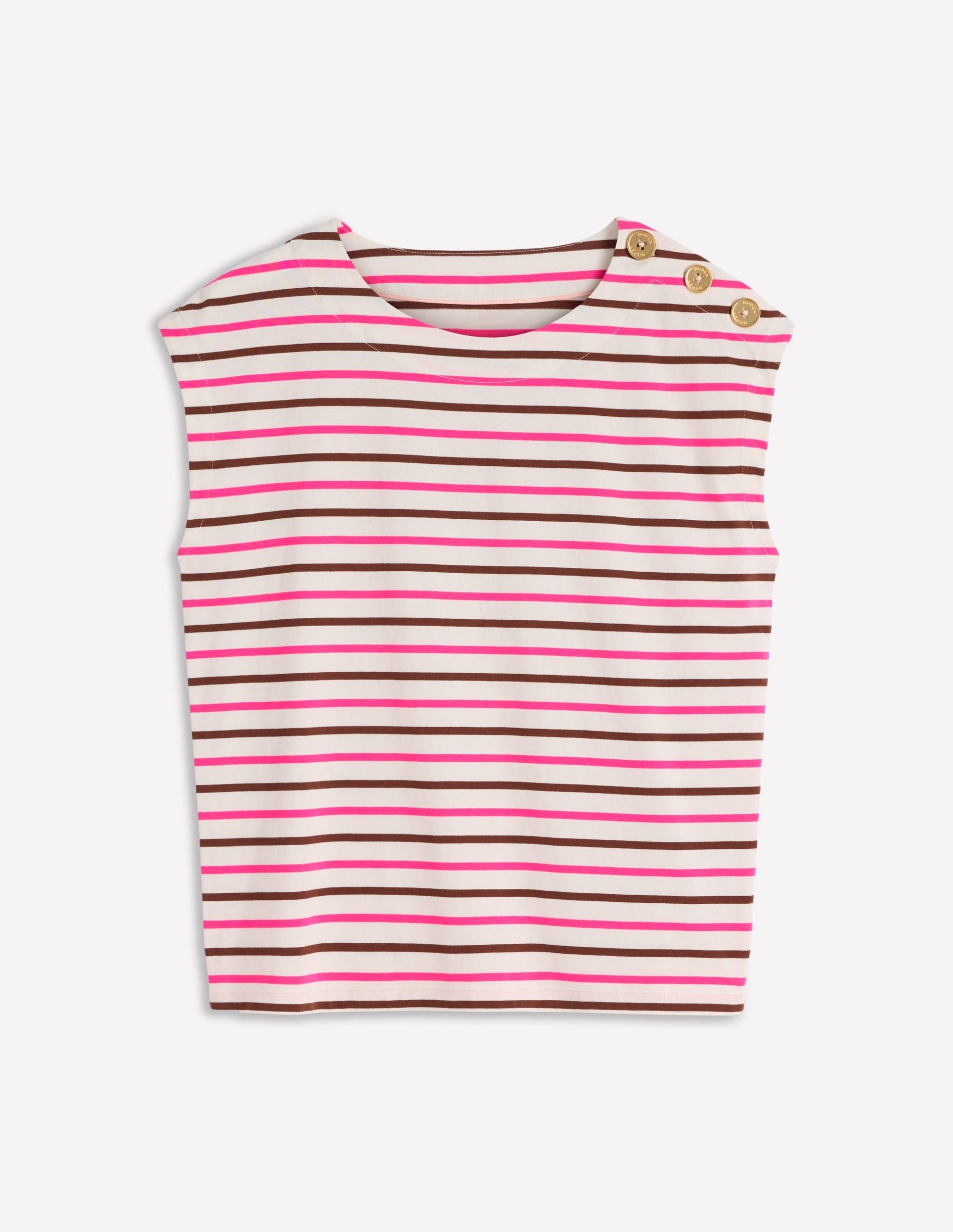 Button Detail T-Shirt-Pink Peony. Raw Umber Stripe - Image 5