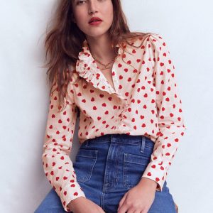 Isabel Ruffle Cotton Shirt-Ivory. Heart Confetti