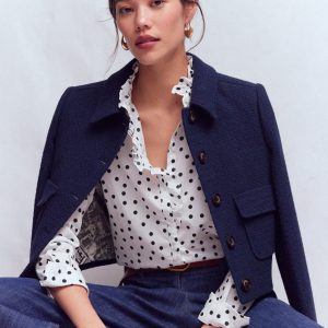 Isabel Ruffle Cotton Shirt-Navy and Ivory. Painted Dot