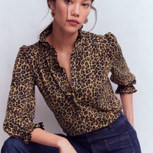 Emily Pom Detail Ruffle Shirt-Camel. Cheetah Pop