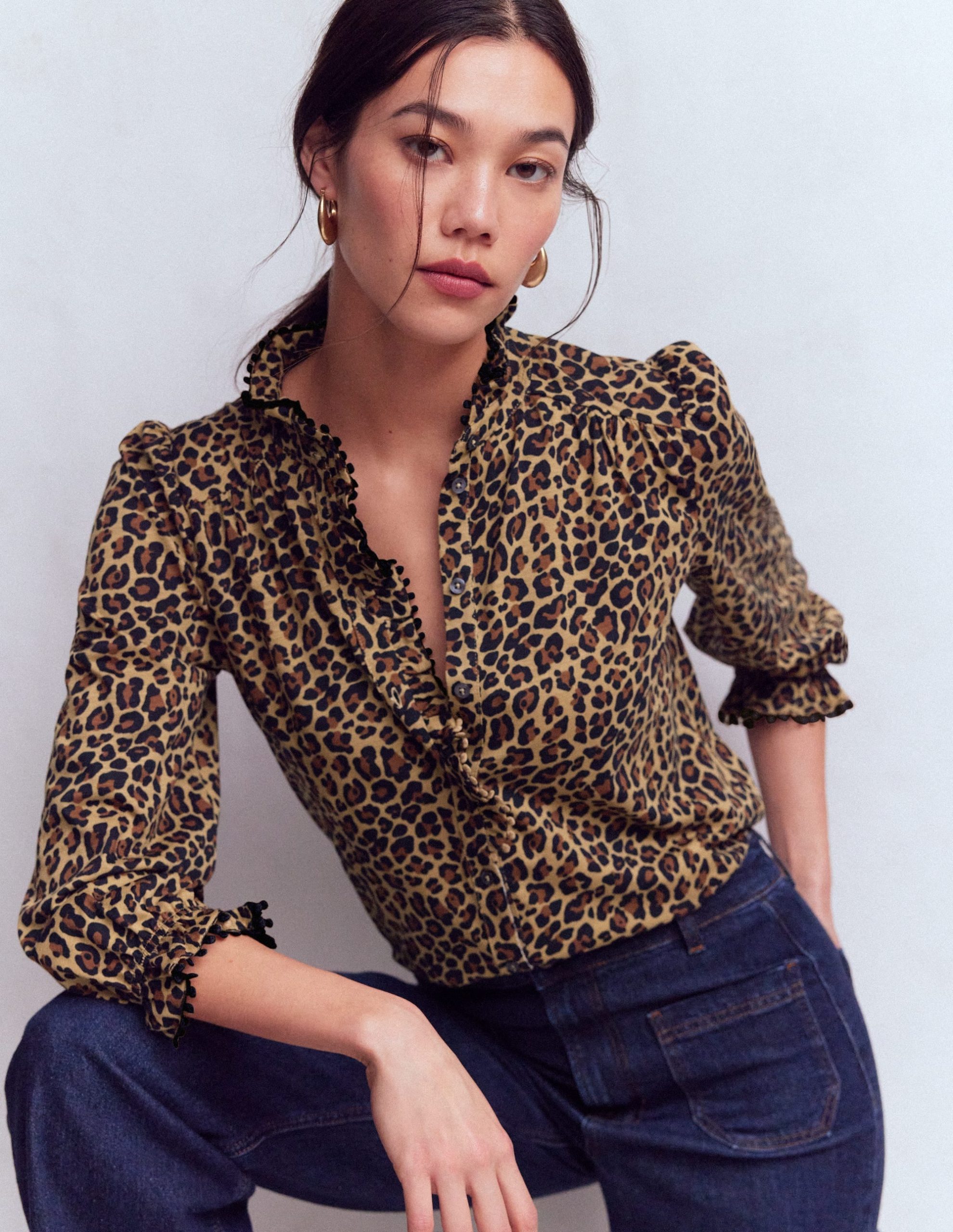 Emily Pom Detail Ruffle Shirt-Camel. Cheetah Pop