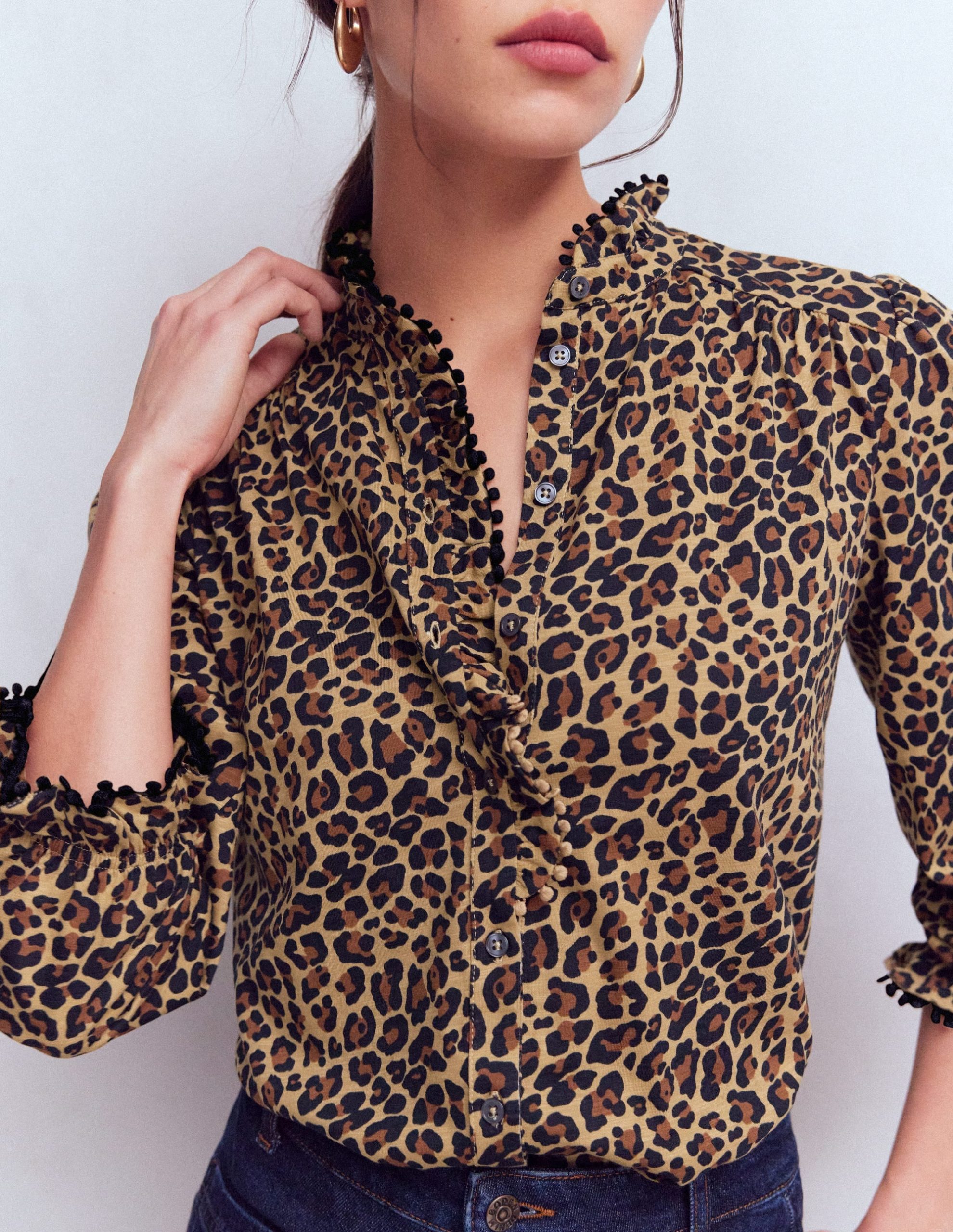 Emily Pom Detail Ruffle Shirt-Camel. Cheetah Pop - Image 2