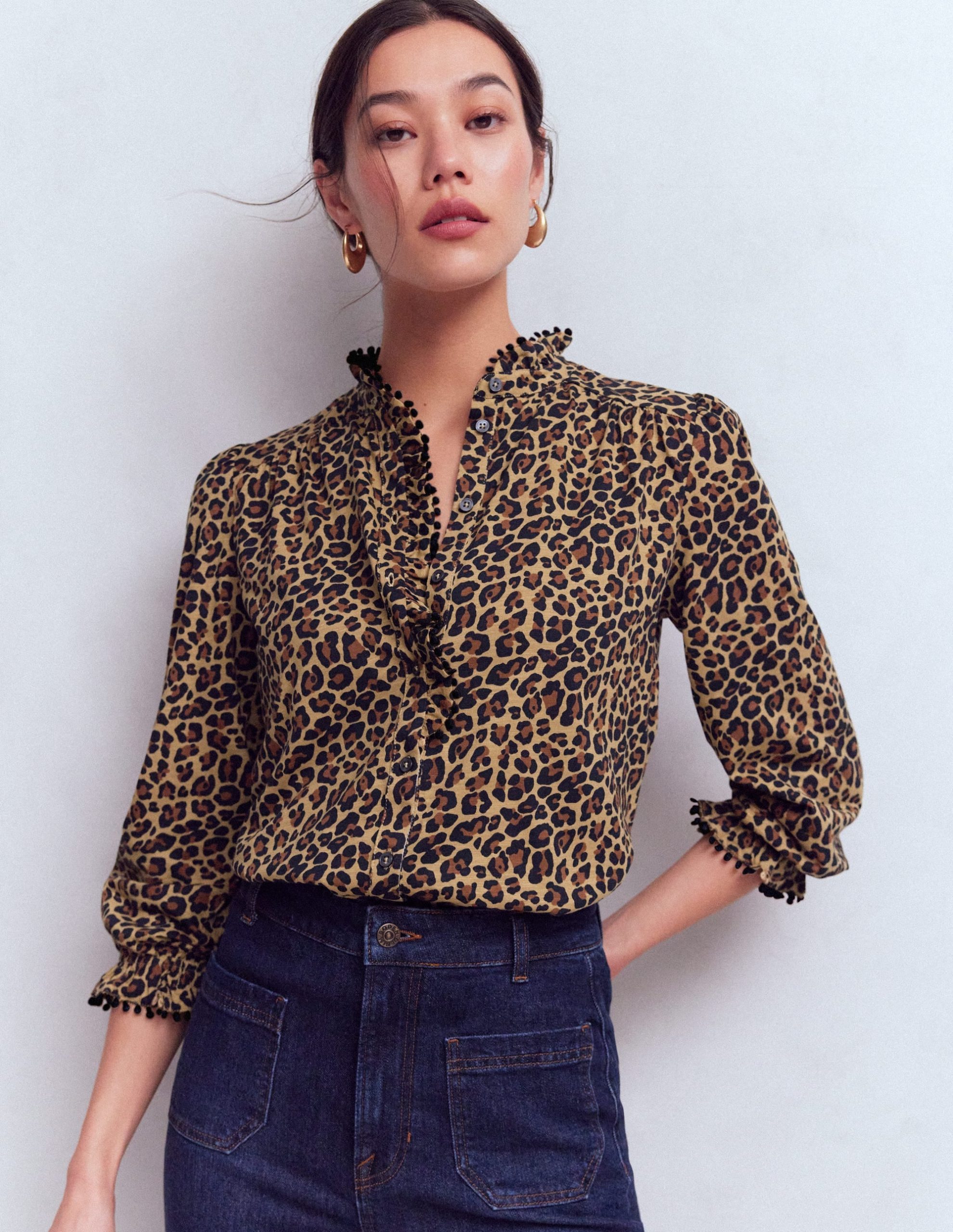 Emily Pom Detail Ruffle Shirt-Camel. Cheetah Pop - Image 5