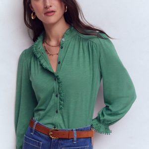 Emily Pom Detail Ruffle Shirt-Deep Jungle