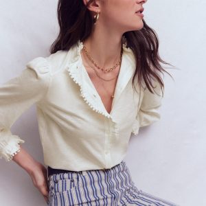 Emily Pom Detail Ruffle Shirt-Ivory