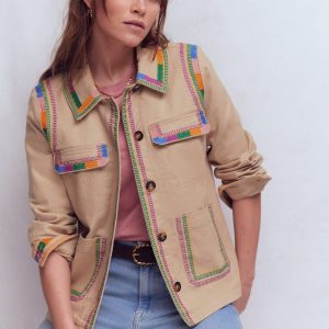 Embroidered Utility Jacket-Camel