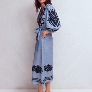 Octavia Linen Dress-Embroidered Chambray
