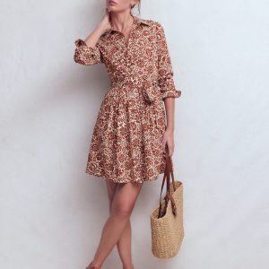 Alexa Long Sleeve Short Dress-Brown. Meadow Scatter