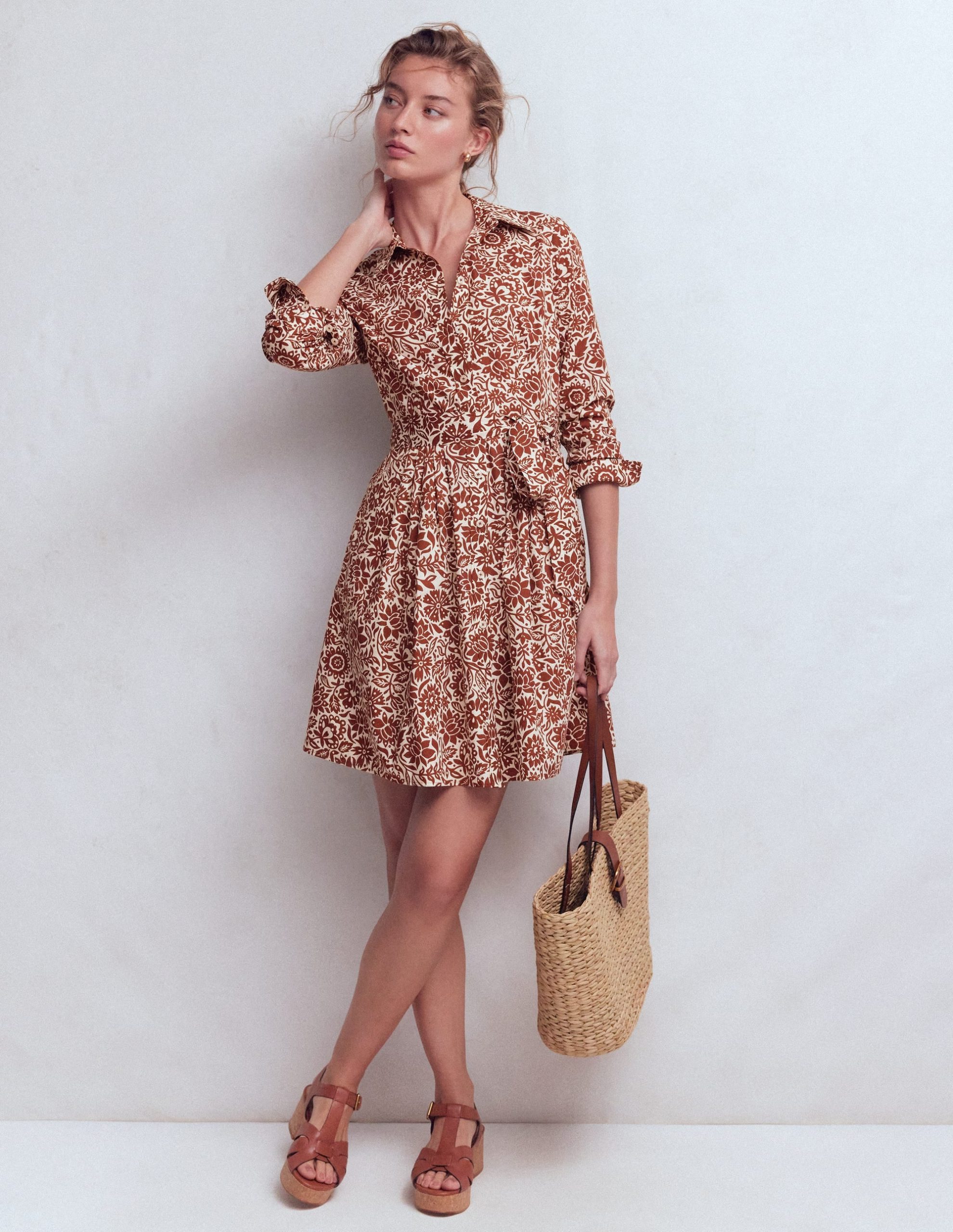 Alexa Long Sleeve Short Dress-Brown. Meadow Scatter