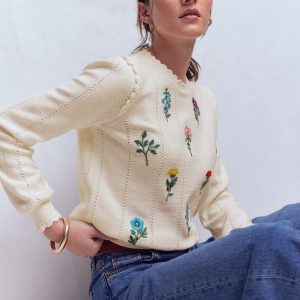 Valeria Crochet Trim Jumper-Warm Ivory . Embroidery