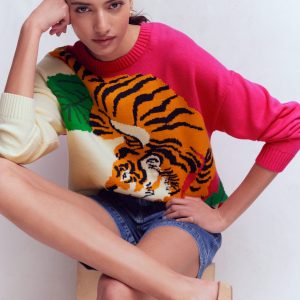 Jacquard Jumper-Warm Ivory and Pink Tiger