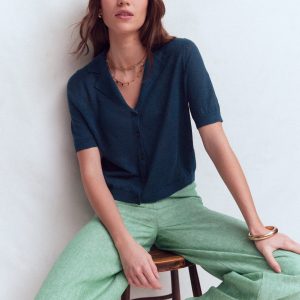 Agnes Collar Linen Cardigan-Navy