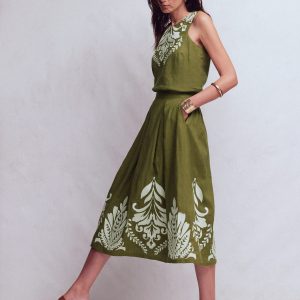 Verity Linen Midi Skirt-Winter Moss Embroidery