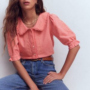 Short Sleeve Pretty Collar Top-Vintage Rose
