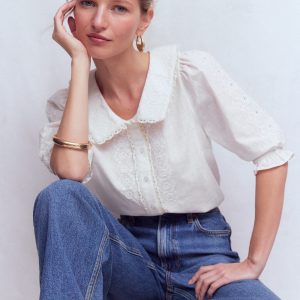 Short Sleeve Pretty Collar Top-White