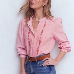 Rhea Trim Doublecloth Top-Formica Pink Embroidery