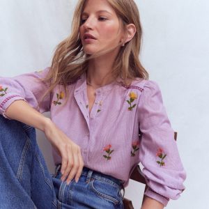 Embroidered Trim Interest Top-Purple Stripe Embroidery