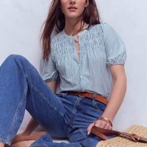 Mya Short Sleeve Smocked Shirt-French Blue and Ivory Stripe