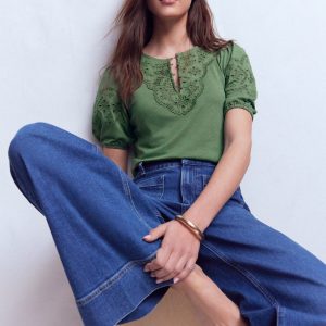 Ada Broderie Mix Top-Willow Green