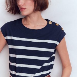 Button Detail T-Shirt-Navy and Ivory Stripe