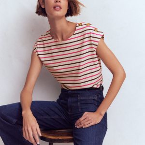 Button Detail T-Shirt-Pink Peony. Raw Umber Stripe