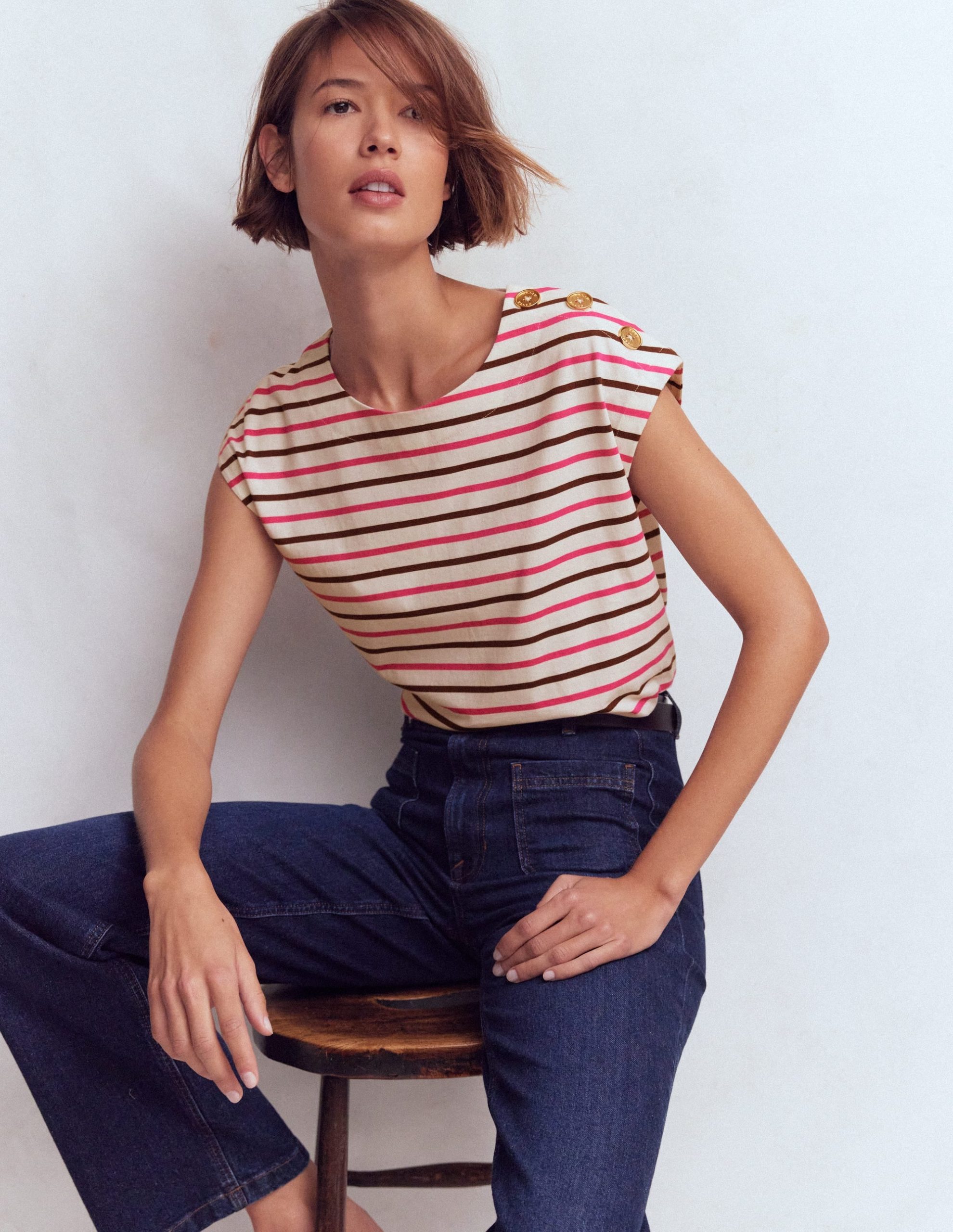 Button Detail T-Shirt-Pink Peony. Raw Umber Stripe
