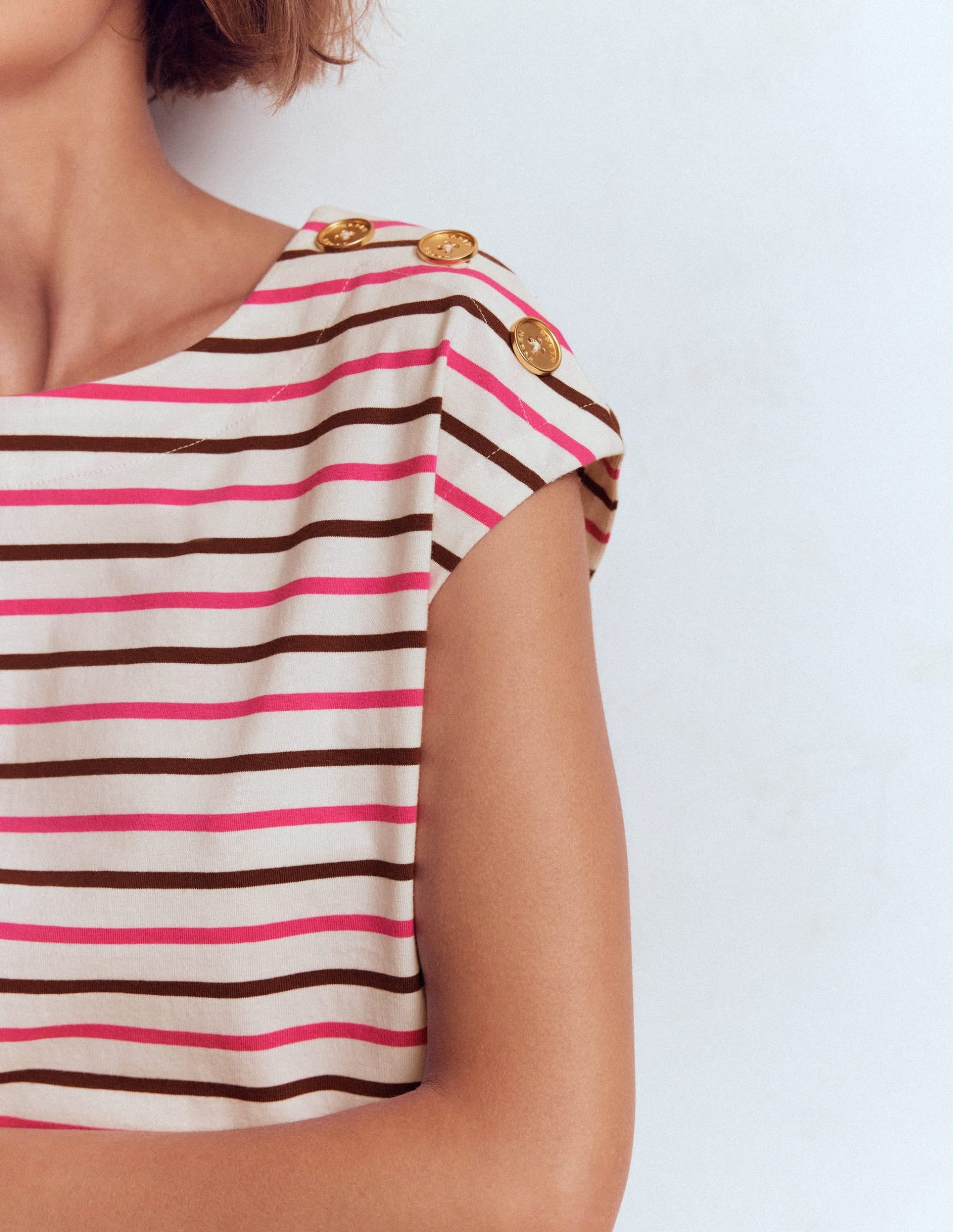 Button Detail T-Shirt-Pink Peony. Raw Umber Stripe - Image 2