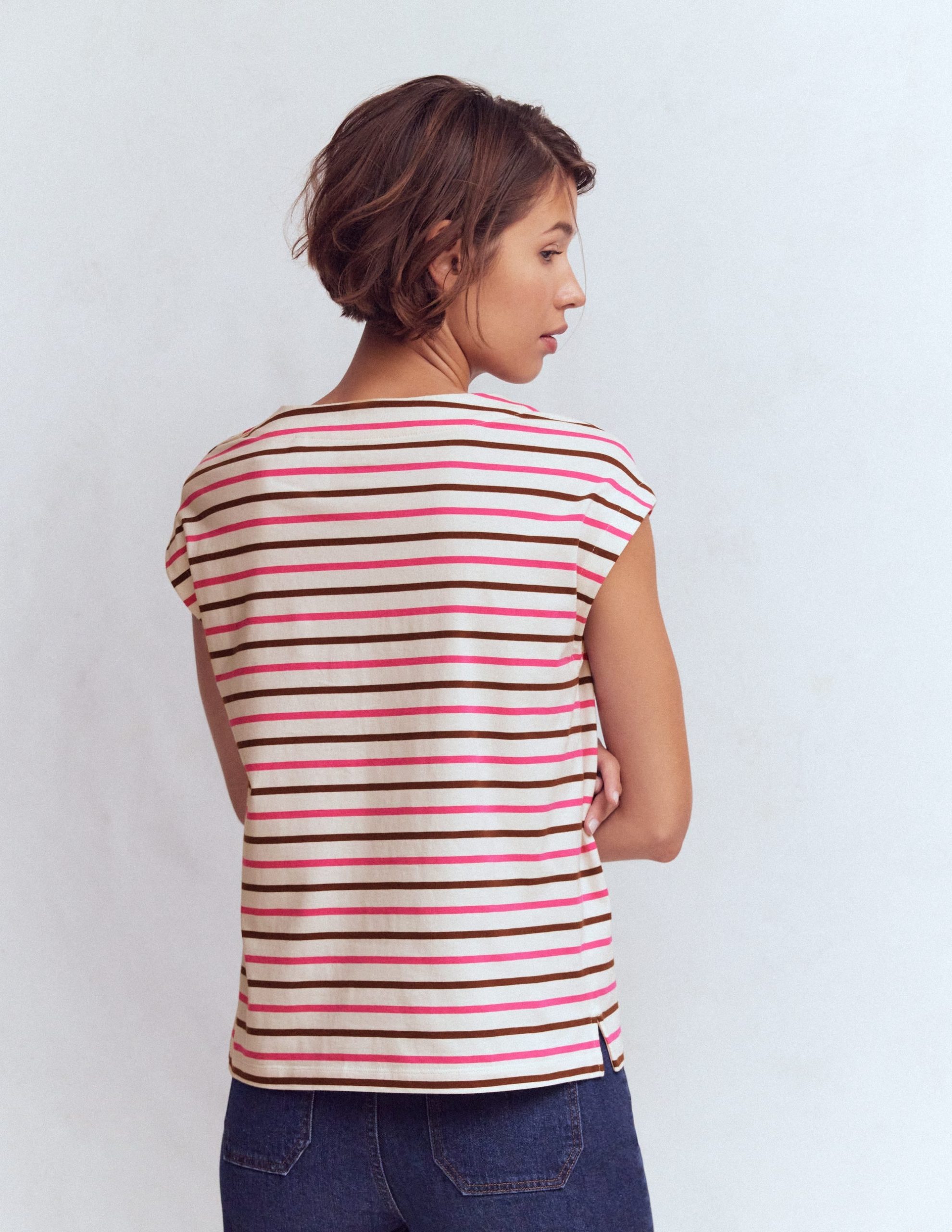 Button Detail T-Shirt-Pink Peony. Raw Umber Stripe - Image 3