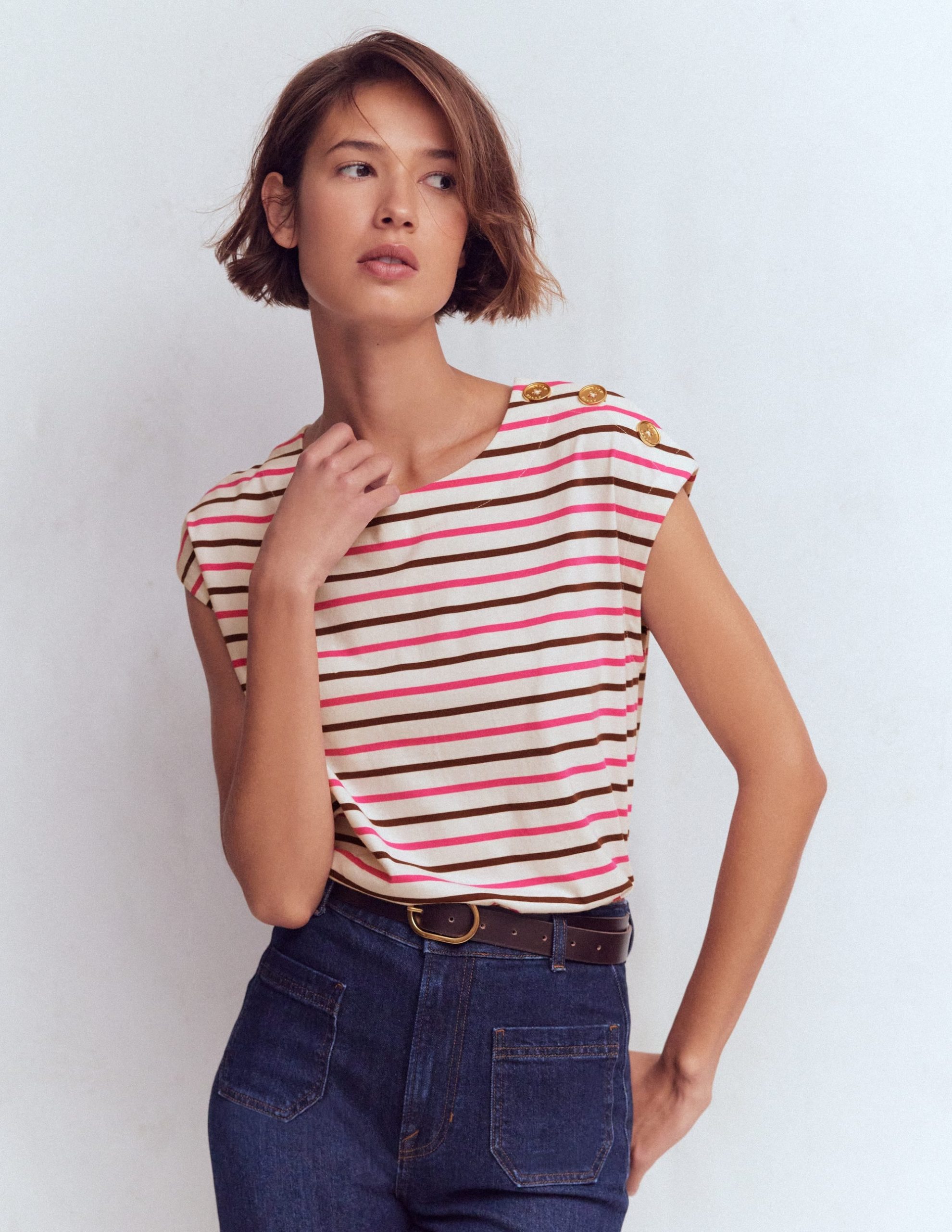 Button Detail T-Shirt-Pink Peony. Raw Umber Stripe - Image 4