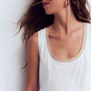 Metallic Trim Scoop Neck Vest-White