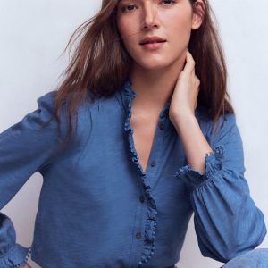 Emily Pom Detail Ruffle Shirt-Denim Blue